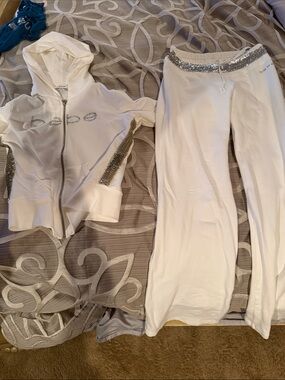 bebe White Rhinestone Logo Zip Hoodie and pants set
